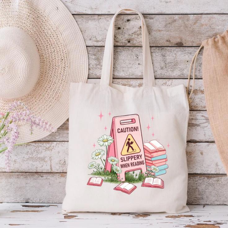 Caution Slippery When Reading Book Reader Canvas Tote Bag