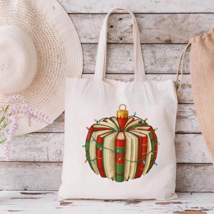 Christmas Book Ornament Lights Holiday Reading Lover Teacher Canvas Tote Bag