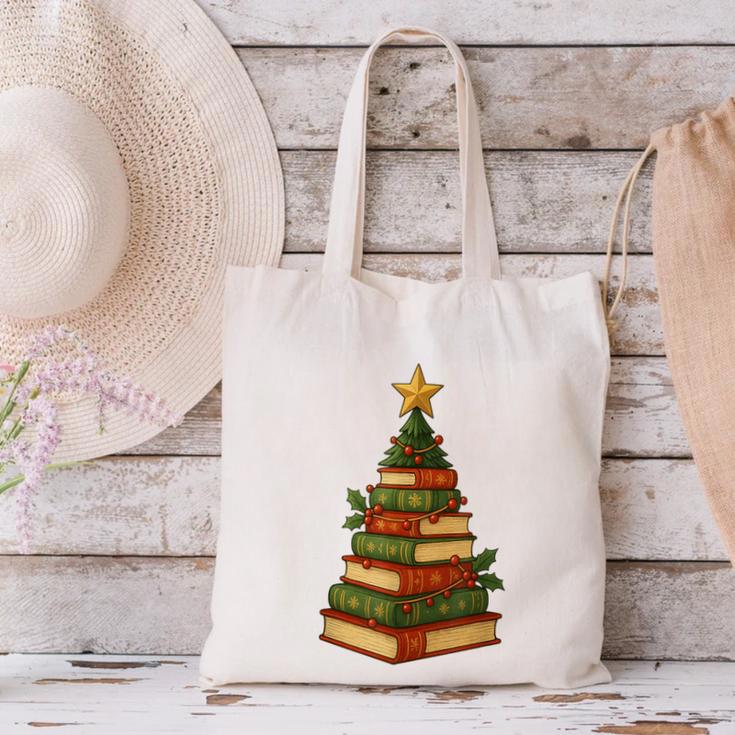 Christmas Book Tree Bookshelf Holiday For Readers Librarians Canvas Tote Bag