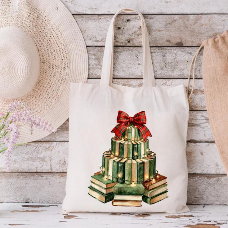 Christmas Book Tree Coquette Bow Xmas Reading Librarian Girl Canvas Tote Bag Christmas Book Tree Coquette Bow Xmas Reading Librarian Girl Canvas Tote Bag