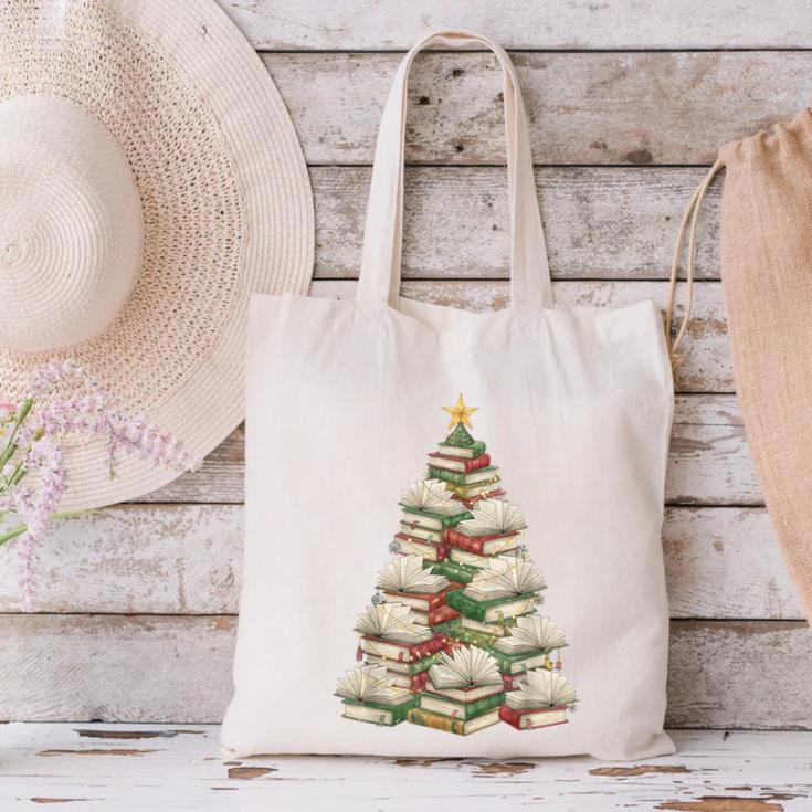 Christmas Book Tree Teacher Book Lover Xmas Librarian Canvas Tote Bag Christmas Book Tree Teacher Book Lover Xmas Librarian Canvas Tote Bag