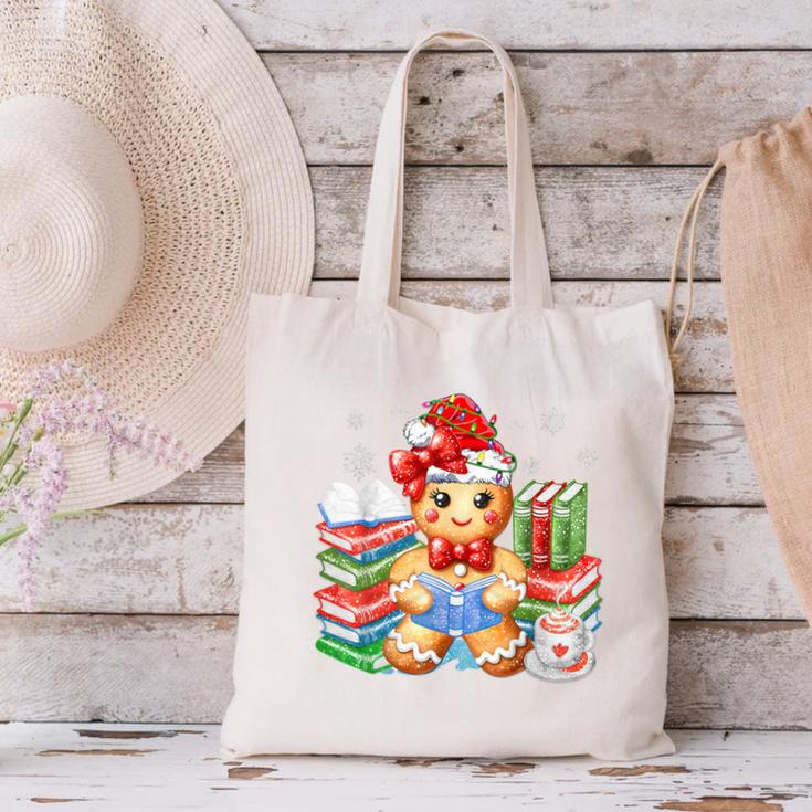 Christmas Gingerbread Man Reading Book Snowflake Teacher Canvas Tote Bag