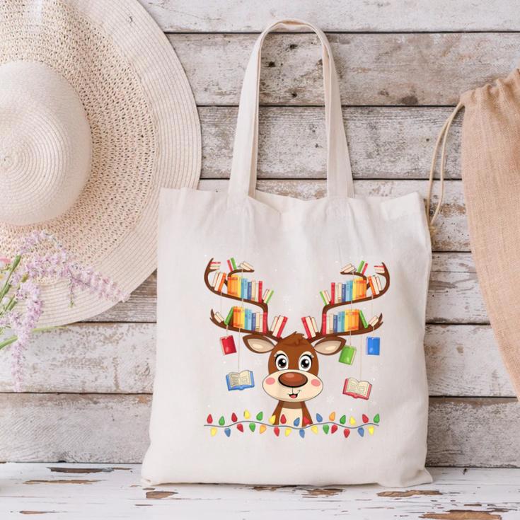 Christmas Librarian Reindeer Matching Family Book Lover Xmas Canvas Tote Bag Christmas Librarian Reindeer Matching Family Book Lover Xmas Canvas Tote Bag
