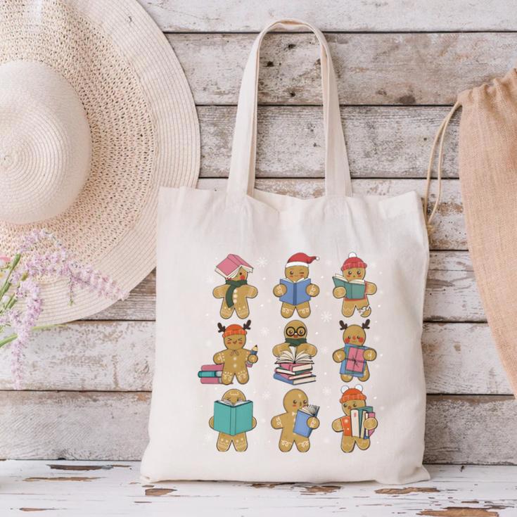 Christmas Library Gingerbread Man Books Lover Bookworm Canvas Tote Bag