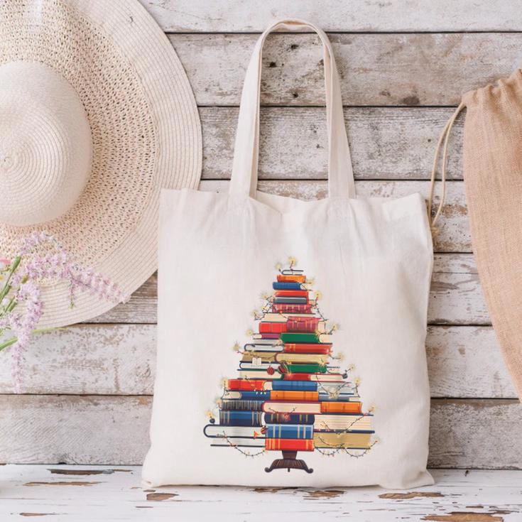 Christmas Tree Book Bookworm Canvas Tote Bag