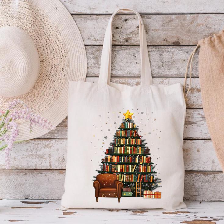 Christmas Tree Bookshelf Book Lover Library Canvas Tote Bag