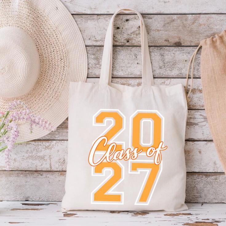 Class Of 2027 Graduation Varsity Orange On The Back Premium Tri-Blend Canvas Tote Bag