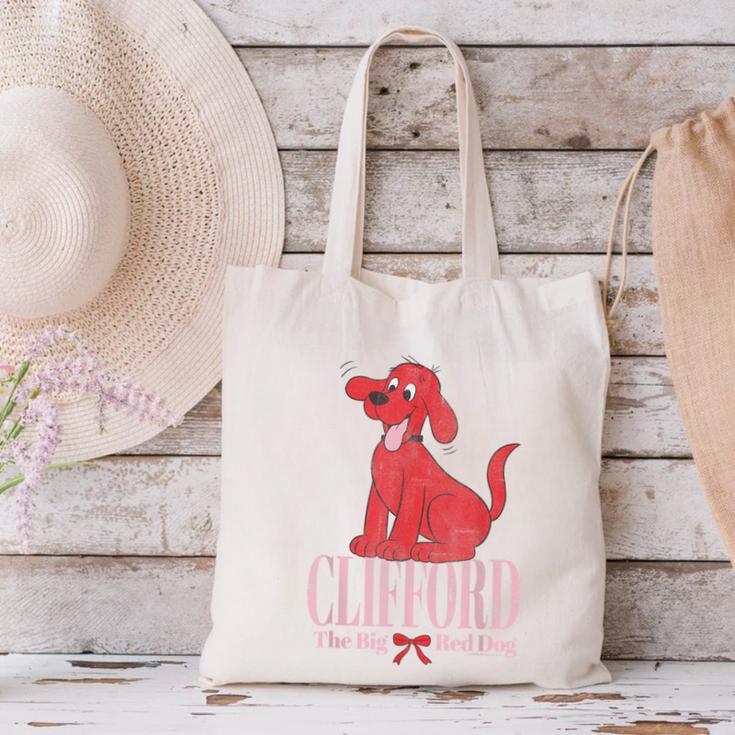 Clifford The Big Red Dog Pink Text With Bow Illustrated Book Canvas Tote Bag