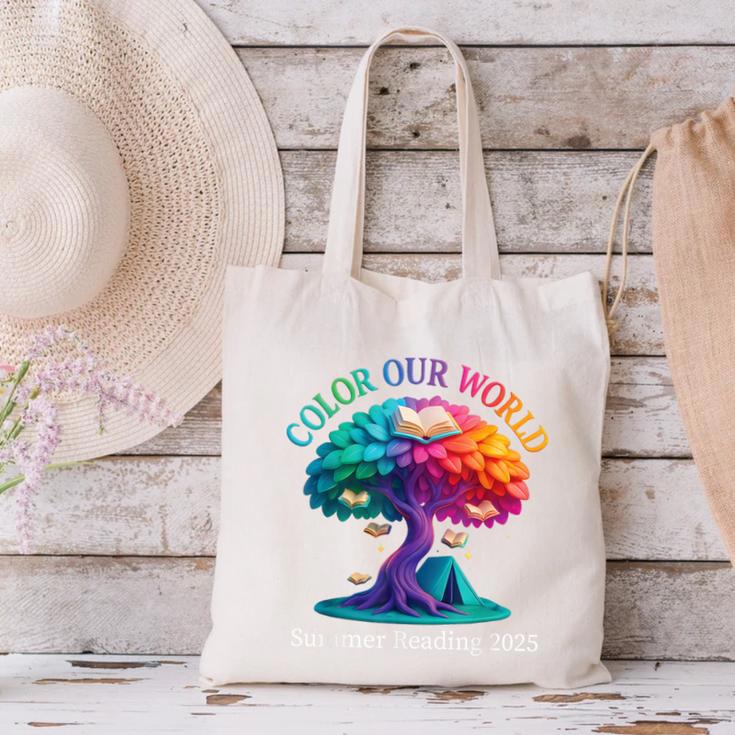 Color Our World Summer Reading 2025 Tree Book Lover Camping Canvas Tote Bag