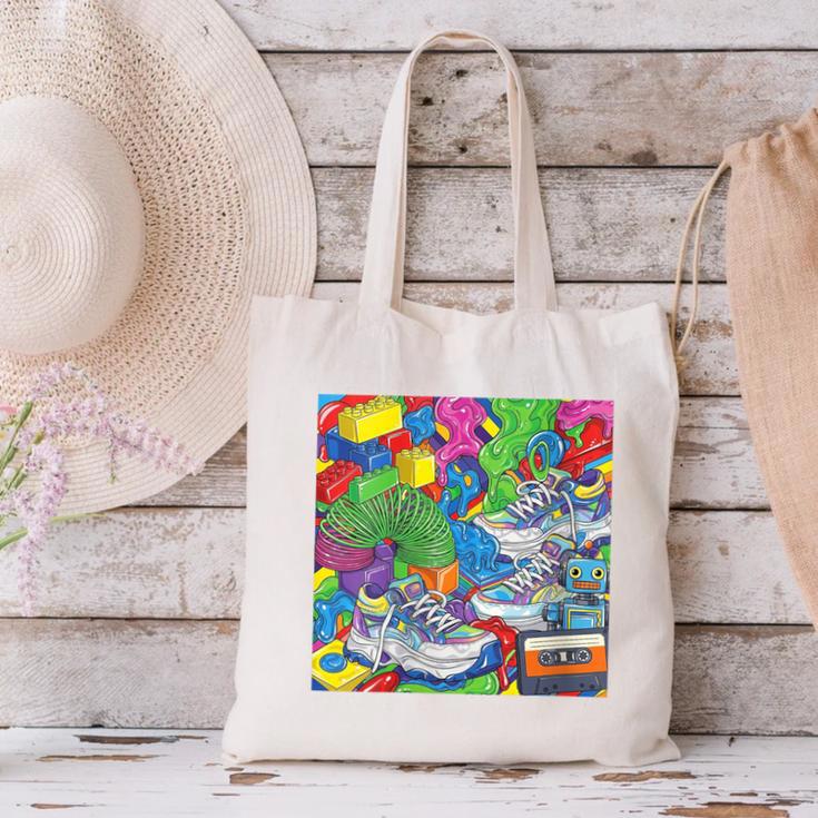 Colorful Kidcore 90s Nostalgia Meme Sneakers Robot Toy Slime Canvas Tote Bag Colorful Kidcore 90s Nostalgia Meme Sneakers Robot Toy Slime Canvas Tote Bag