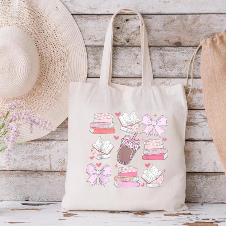 Coquette Bow Book Coffee Valentines Bookish Library Teacher Canvas Tote Bag