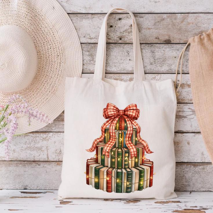 Coquette Christmas Book Tree Xmas Lights Librarian Teacher Canvas Tote Bag