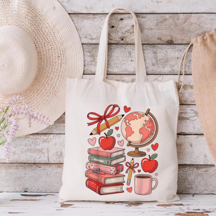 Coquette Teacher School Supplies Bows Books Globe Apple Cute Canvas Tote Bag Coquette Teacher School Supplies Bows Books Globe Apple Cute Canvas Tote Bag