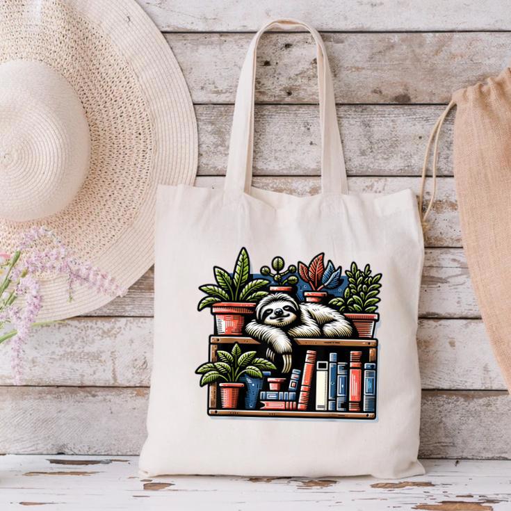 Cosy Sloth In Bookshelf With Plants Canvas Tote Bag Cosy Sloth In Bookshelf With Plants Canvas Tote Bag