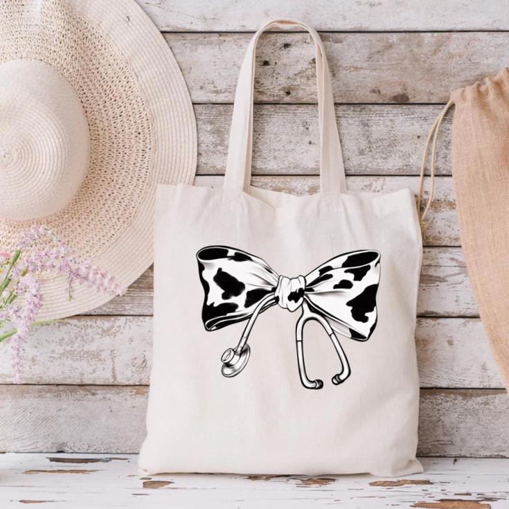 Cow Print Bow And Stethoscope Nurse RN Graduation Coquette Canvas Tote Bag