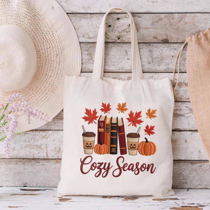 Cozy Season Autumn Leaves Books Pumpkins Fall Halloween Canvas Tote Bag