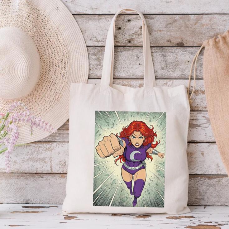 The Crimson Crescent 90s Retro Comic Book Superheroine Art Canvas Tote Bag