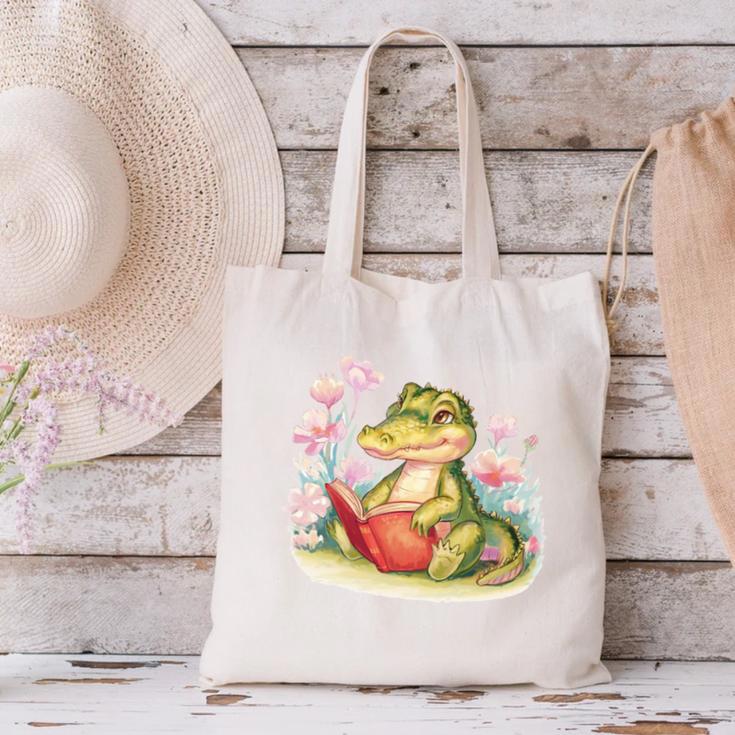 Crocodile Reading Book Watercolor Flowers Kids Canvas Tote Bag Crocodile Reading Book Watercolor Flowers Kids Canvas Tote Bag