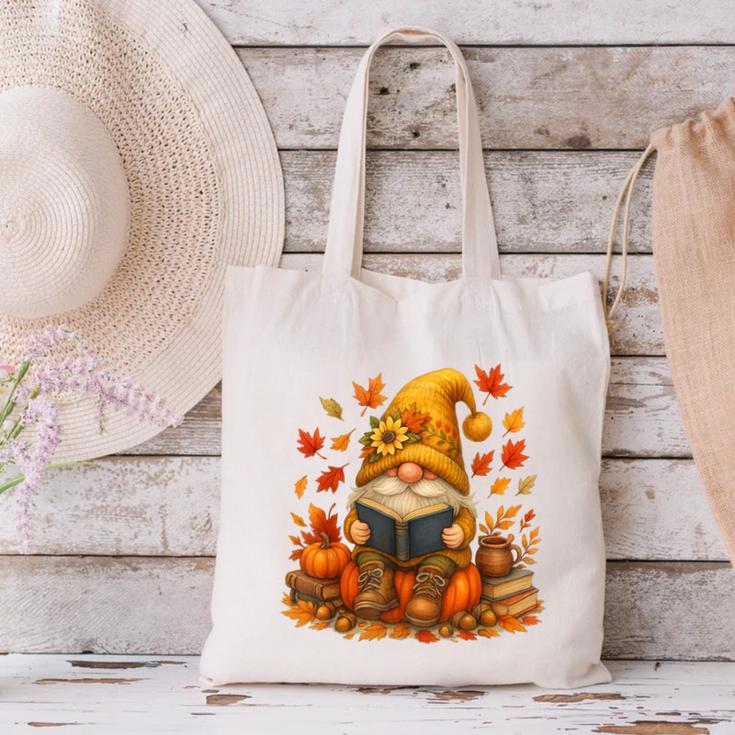 Cute Autumn Gnome Reading Pumpkin Book Lover Canvas Tote Bag