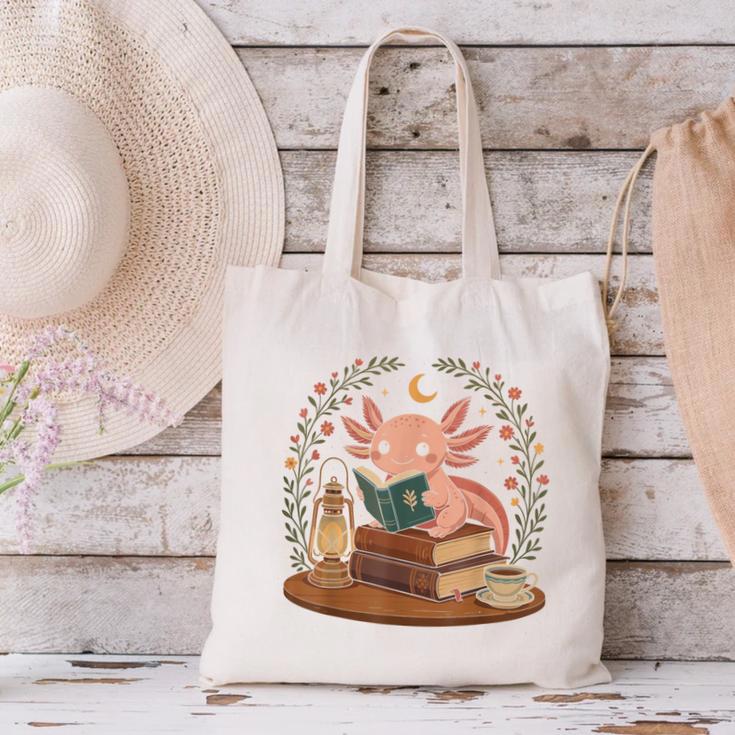 Cute Axolotl Reading Books Cozy Bookworm Canvas Tote Bag Cute Axolotl Reading Books Cozy Bookworm Canvas Tote Bag
