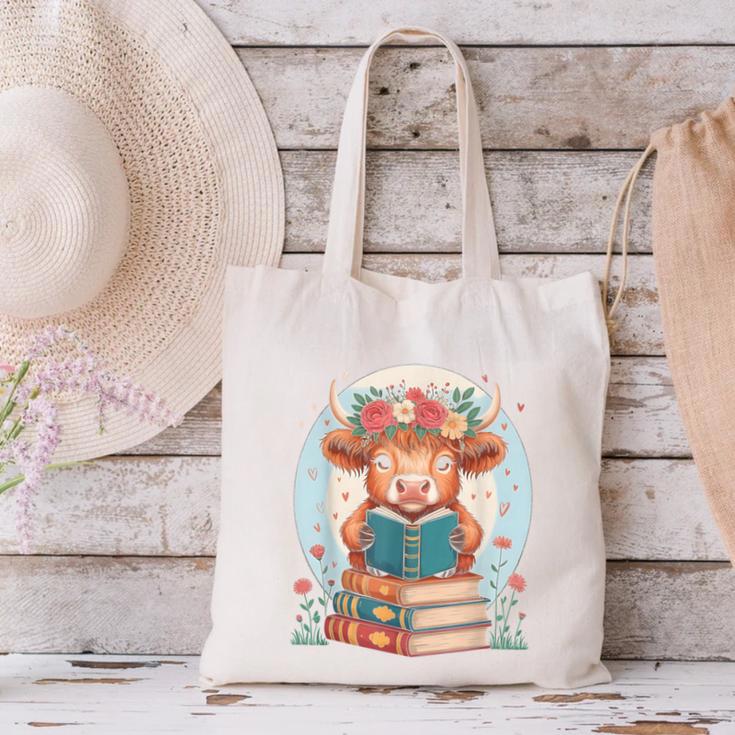 Cute Baby Highland Cow Reading Book Bookworm For Men Women Canvas Tote Bag