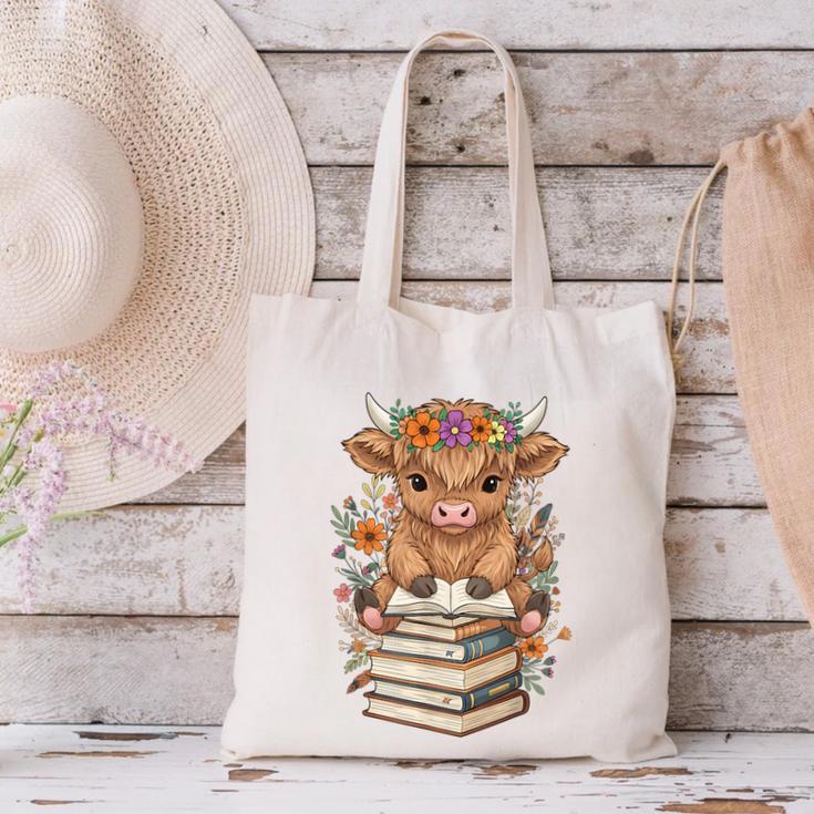 Cute Baby Highland Cow Reading Book Librarian Bookworm Canvas Tote Bag