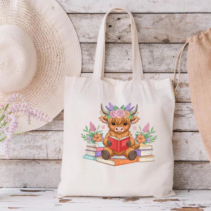 Cute Baby Highland Cow Reading Book Lover Toddler Canvas Tote Bag