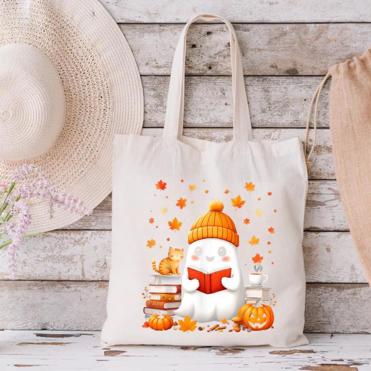 Cute Beanie Ghost Bookworm Cozy Book Reading Halloween Canvas Tote Bag Cute Beanie Ghost Bookworm Cozy Book Reading Halloween Canvas Tote Bag