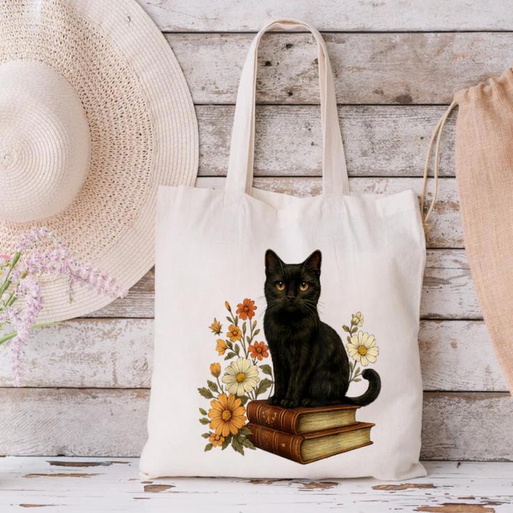 Cute Cat Book Flowers Canvas Tote Bag