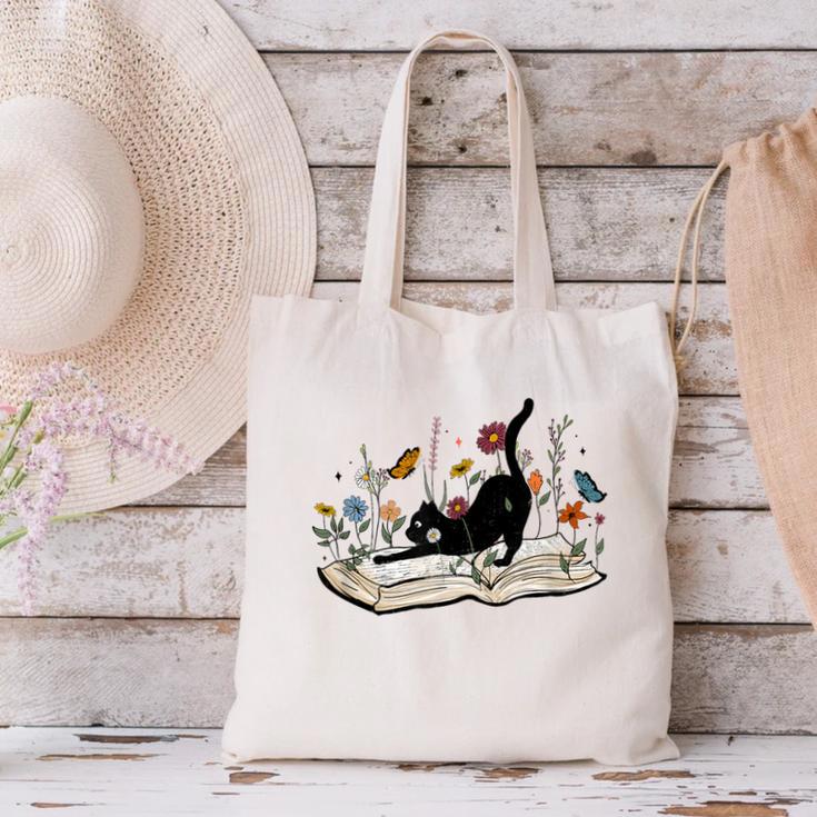 Cute Cat Flower Garden Book Kitty Reading Floral Men Women Girls Kids Canvas Tote Bag Cute Cat Flower Garden Book Kitty Reading Floral Men Women Girls Kids Canvas Tote Bag