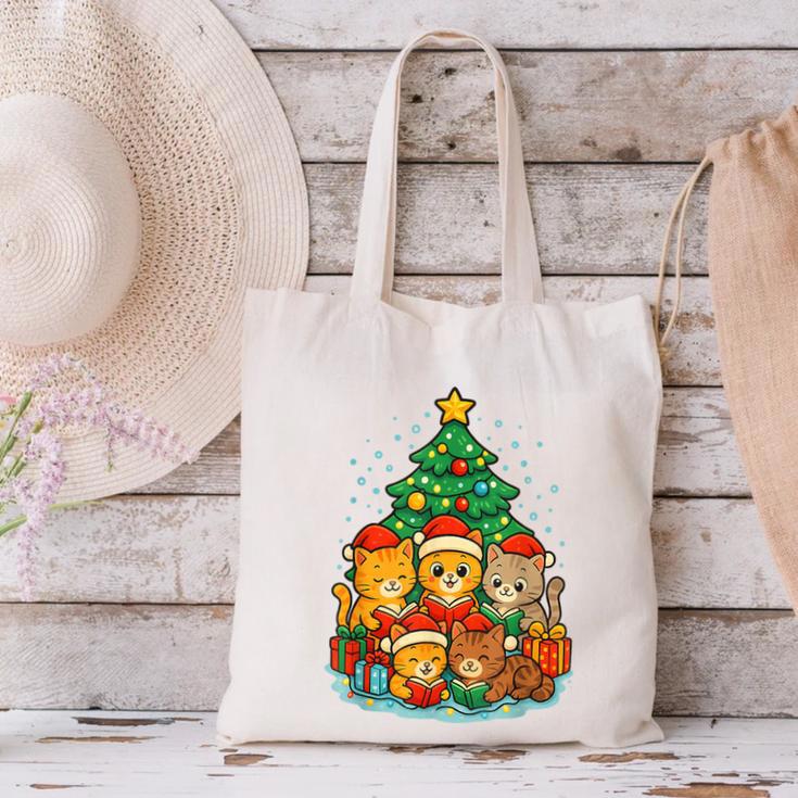 Cute Cats Reading Books Christmas Tree Canvas Tote Bag