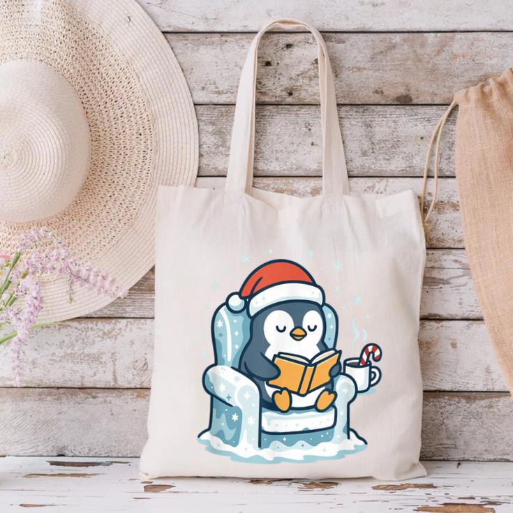 Cute Christmas Penguin Reading Book Cozy Winter Holiday Art Canvas Tote Bag Cute Christmas Penguin Reading Book Cozy Winter Holiday Art Canvas Tote Bag