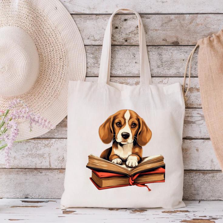 Cute Dog Beagle Reading Book Canvas Tote Bag Cute Dog Beagle Reading Book Canvas Tote Bag