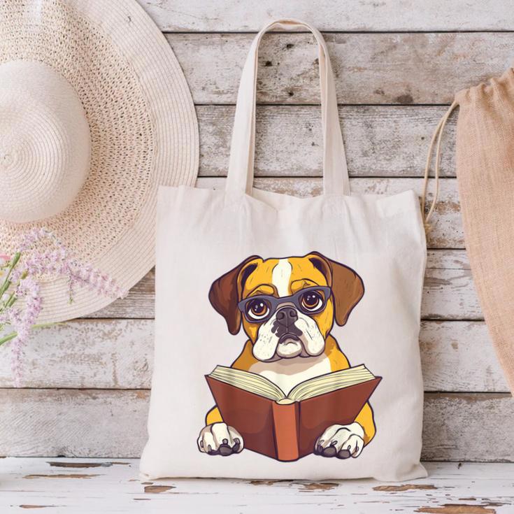 Cute Dog Boxer Reading Book Canvas Tote Bag