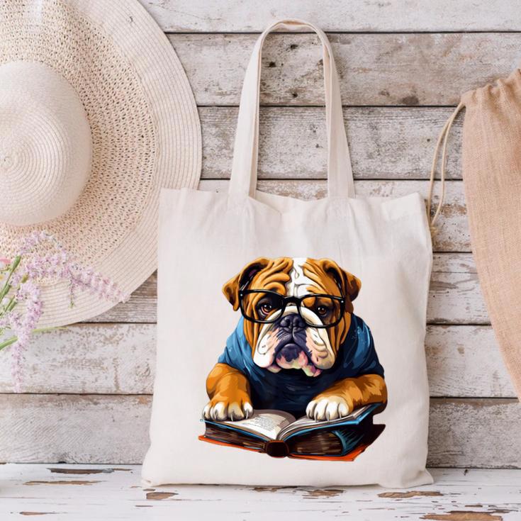 Cute Dog English Bulldog Reading Book Canvas Tote Bag