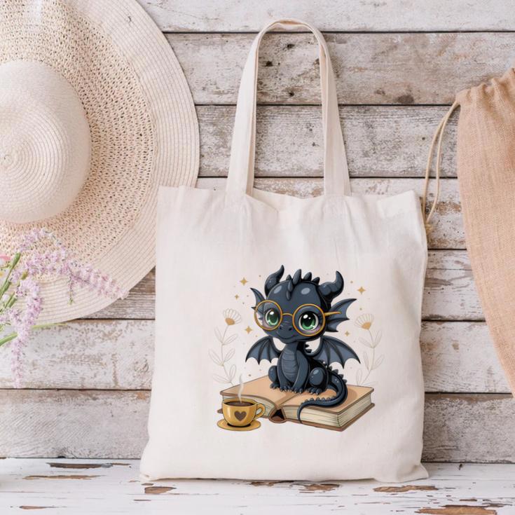 Cute Dragon Books Flower Bookworm Book Lover Canvas Tote Bag Cute Dragon Books Flower Bookworm Book Lover Canvas Tote Bag