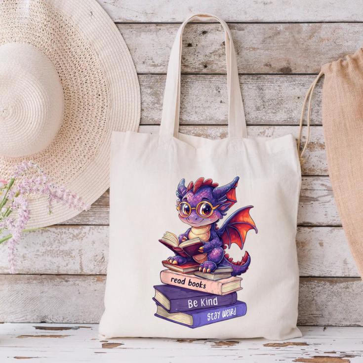 Cute Dragon Read Books Be Kind Stay Weird Book Lover Canvas Tote Bag