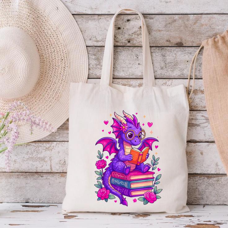 Cute Dragon Reading Books Bookworm Canvas Tote Bag