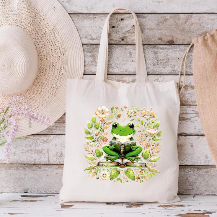 Cute Floral Frog Book Reading Canvas Tote Bag Cute Floral Frog Book Reading Canvas Tote Bag