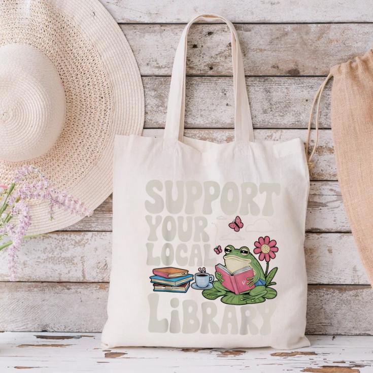 Cute Frog Support Your Local Library Librarian Book Lover Canvas Tote Bag