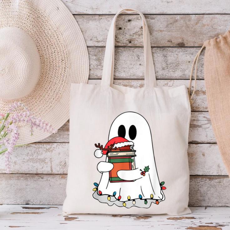 Cute Ghost Holding Books Bookish Christmas Canvas Tote Bag Cute Ghost Holding Books Bookish Christmas Canvas Tote Bag