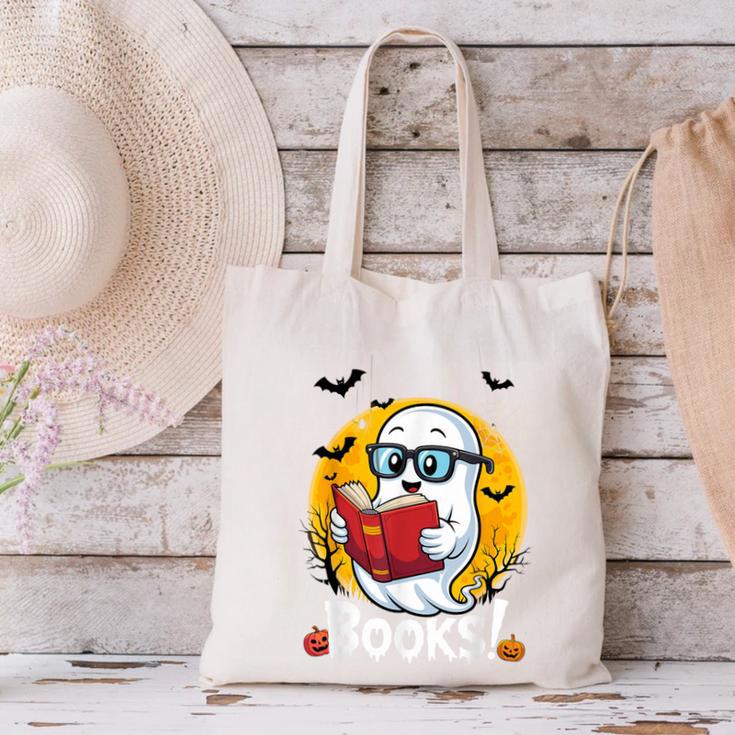 Cute Ghost Reading Book Retro Halloween Librarian Canvas Tote Bag