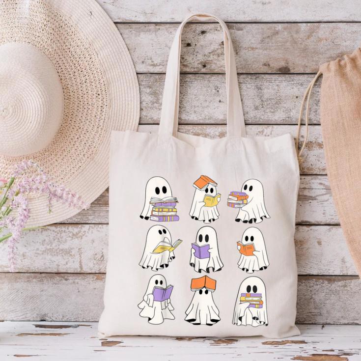 Cute Ghost Reading Books Teacher Halloween Reading Men Women Kids Canvas Tote Bag