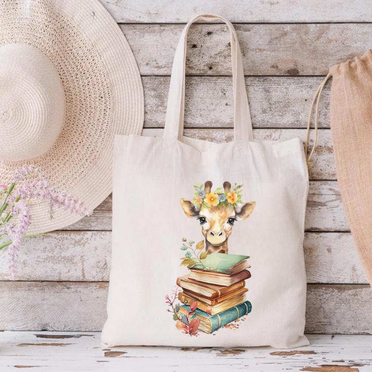 Cute Giraffe With Book Floral Bookworm Librarian Book Lover Canvas Tote Bag