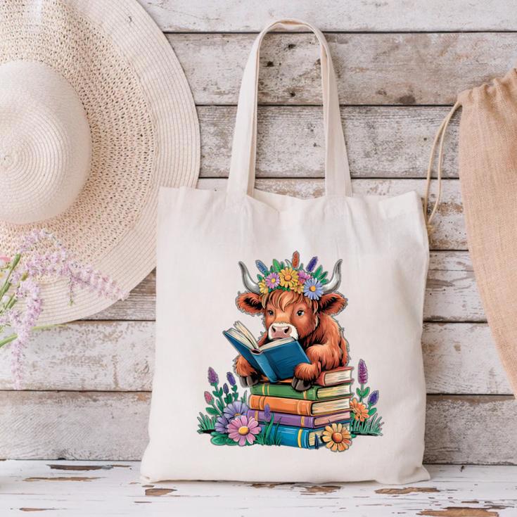 Cute Highland Cow Reading Book Baby Cow Bookworm Canvas Tote Bag Cute Highland Cow Reading Book Baby Cow Bookworm Canvas Tote Bag