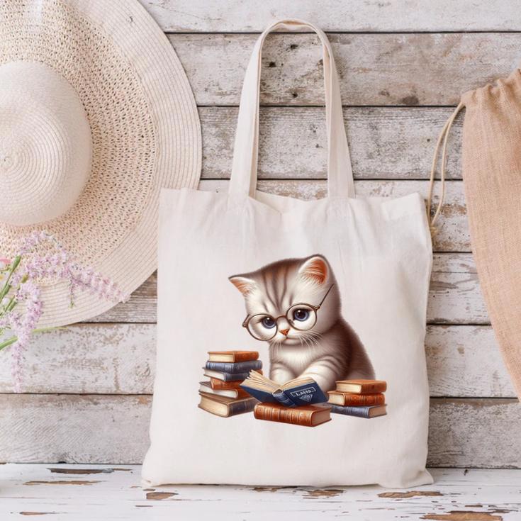 Cute Kitten Bookworm Adorable Cat With Glasses Reading Book Canvas Tote Bag