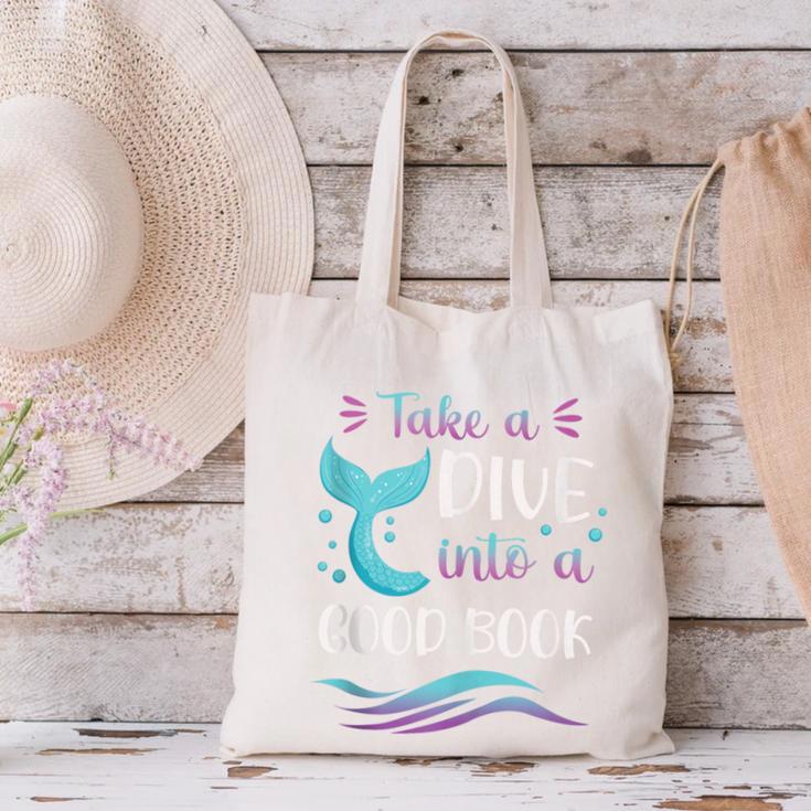 Cute Mermaid Librarian Teacher Dive Into A Good Book Reading Canvas Tote Bag