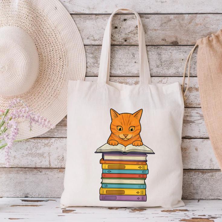Cute Orange Tabby Cat Reading On Pile Of Books Canvas Tote Bag
