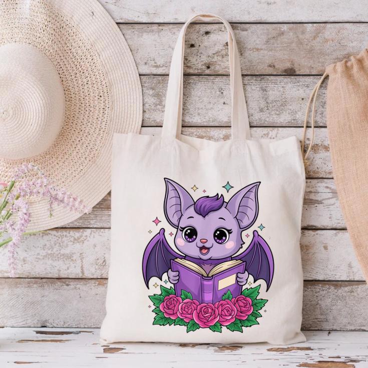 Cute Pastel Goth Bat Reading Book Canvas Tote Bag