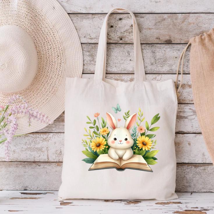 Cute Rabbit And Book Women Girls Reading Book Rabbit Lover Canvas Tote Bag Cute Rabbit And Book Women Girls Reading Book Rabbit Lover Canvas Tote Bag